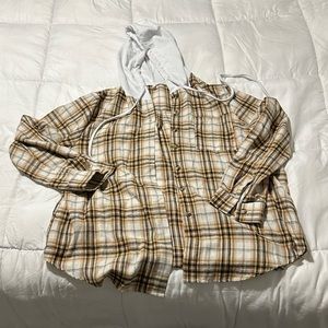 💜5 for $20 Brown Plaid Button up with White hoodie